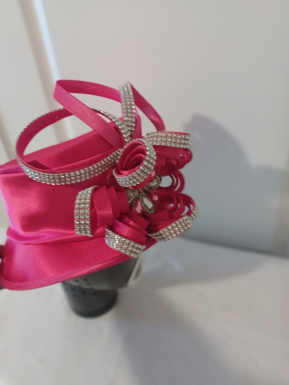 Hot Pink Satin Cocktail Fascinator with Crystal Accents